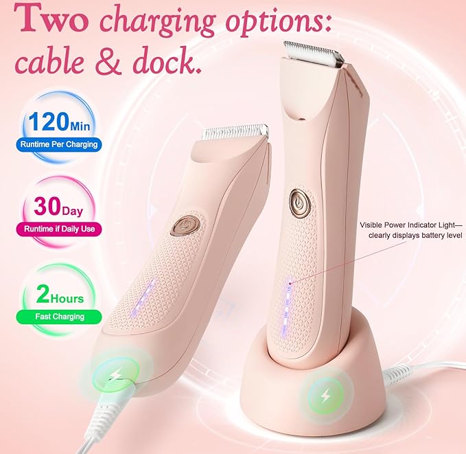 Riokko Bikini Trimmer for Women with LED Light and IPX7 Waterproof Dual Charging, Skin-Safe Cordless Pubic Hair Shaver with Battery Indicator