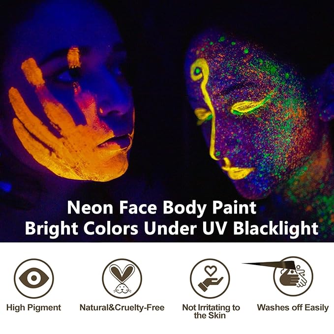 Go Ho Neon Green Body Paint Washable(2.37oz,70ml),under UV Blacklight Neon Face Paint,Water Based Neon Fluorescent Green Face Paint for Adults Children SFX Cosplay Costumes Festivals Halloween Makeup