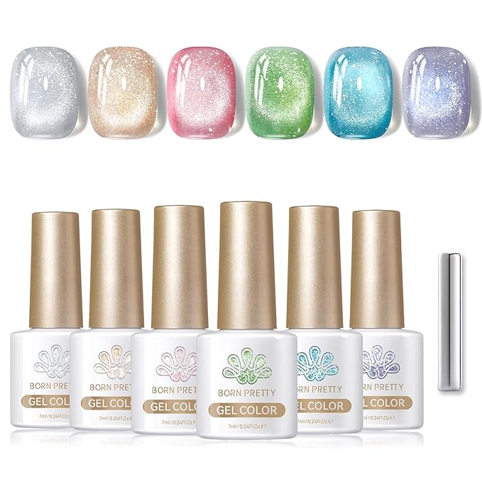 Born Pretty Magnetic Gel Nail Polish Pastel Cat Magnetic Eye Gel Polish Glitter Shimmer Auroras Magnetic Gel Nail Art Manicure Kit 6PCS