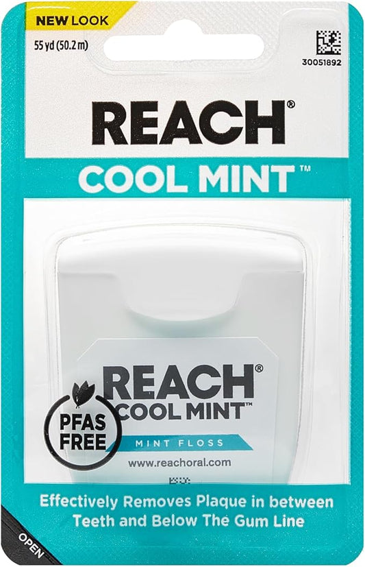 REACH Cool Mint Dental Floss, Fresh Mint, Plaque Remover for Teeth, Shred Resistant, Waxed, Easy on Gums & Teeth, Fresh Breath, Oral Care, PFAS Free, for Adults & Kids, 1 Pack, 55yd
