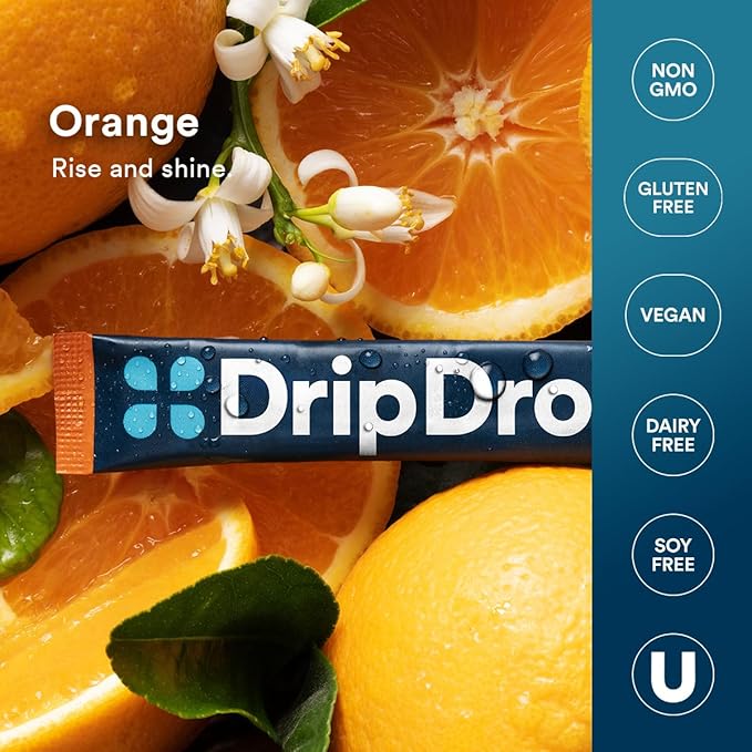 DripDrop Hydration Packets - Orange - Single Serve Electrolytes Powder Drink Mix - Non-GMO, Gluten Free, Vegan - 32 Sticks