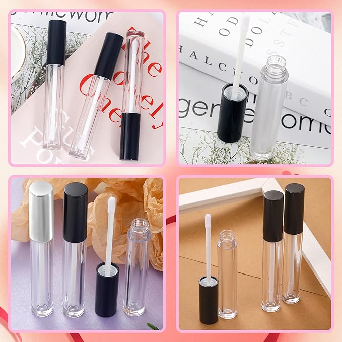 Bercoor 30 Pack Lip Gloss Tube, 10ml Empty Refillable Lip Balm Bottle Clear Plastic Lip Gloss Container with Rubber Stoppers for DIY Makeup, Personal Cosmetic, Black, Sliver and Pink