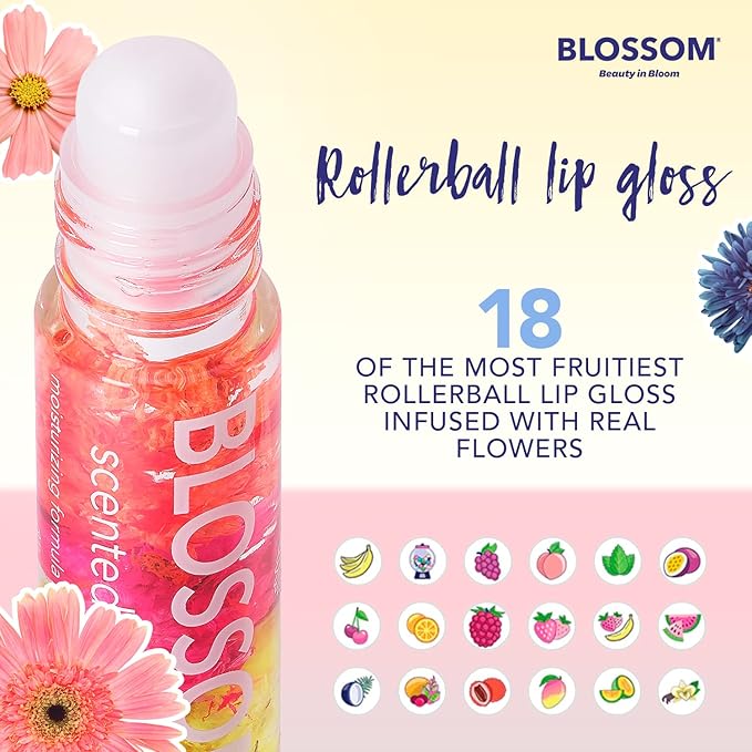 Blossom Scented Roll on Lip Gloss and Juicy Jelly Moisturizing Lip Care Nourishing Lip Oil, 2 Pack, Strawberry