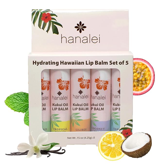Hanalei Lip Balm and Moisturizer - Natural Kukui Oil, Beeswax Lip Moisturizer - Replenish and Repair Dry, Chapped Lips - Variety Pack (5 Tubes)