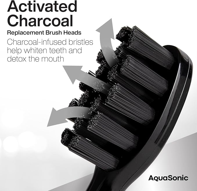 AquaSonic 2-Pack Activated Charcoal Brush Heads - Ultra Whitening Brush Heads - 2X Whitening & Stain Remover - for Black Series, Black Series Pro, Vibe Series, Duo Pro Series (Black)
