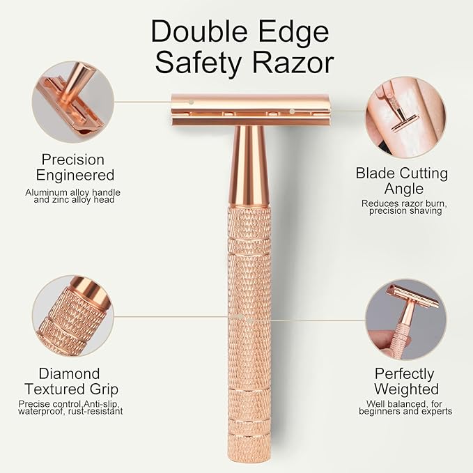 Matte Rose Gold Safety Razor, Single Blade Razors for Women, Reusable Metal Razor, with 10 Stainless Steel Double Edge Blades, Eco-friendly, Smooth & Close Shave, Plastic Free