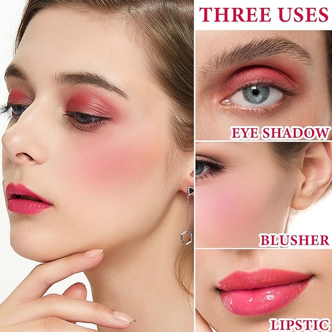 Cream Blush Stick,Blush Stick for Cheeks with Contour Brush,3-in-1 Long Lasting Waterproof Blush&Eye Shadow&Lip Gloss for All Skin Types（02 Rose Pink）