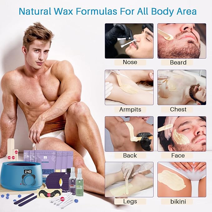 BLITZWAX Back and Nose Waxing Kit for Men, Hard Wax Warmer for Brazilian, Body and Face, At Home Hair Removal Kit, Beginner Friendly, Quick Heating, 93 Accessories, Royal Blue