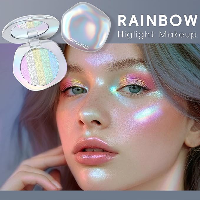 Chameleon Face Highlighter Palette, Glitter Metallic Rainbow Eyeshadow Holographic Sparkling Long Lasting Color Shifting Inner Corner Eye Brightener Illuminator Shimmer Highlighter Makeup