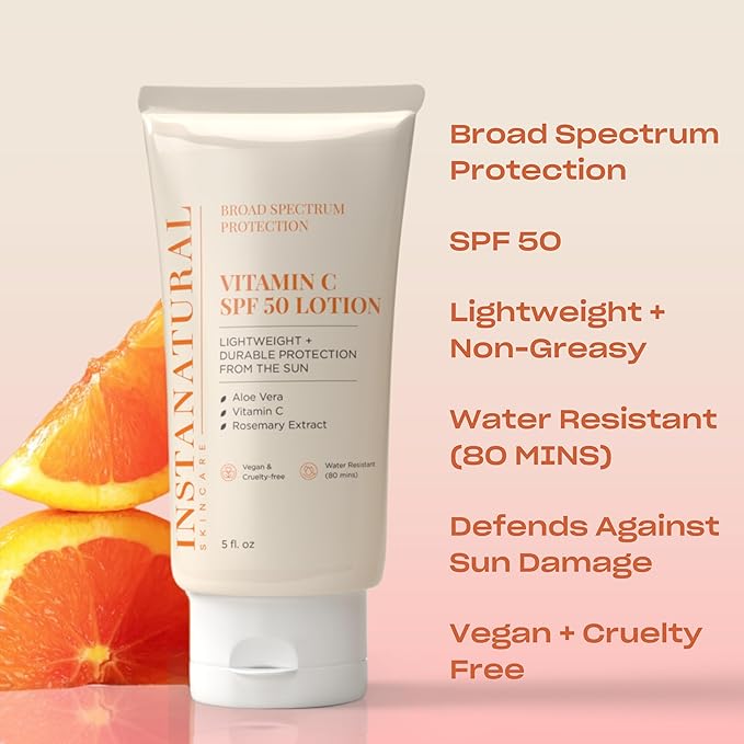 InstaNatural Skin Care Vitamin C SPF 50 Broad Spectrum Sunscreen Lotion, Brightening, Lightweight, Non-Greasy Moisturizer, UVA, UVB Sun Protection Sunblock, with Aloe Vera & Botanicals, 5 Fl Oz