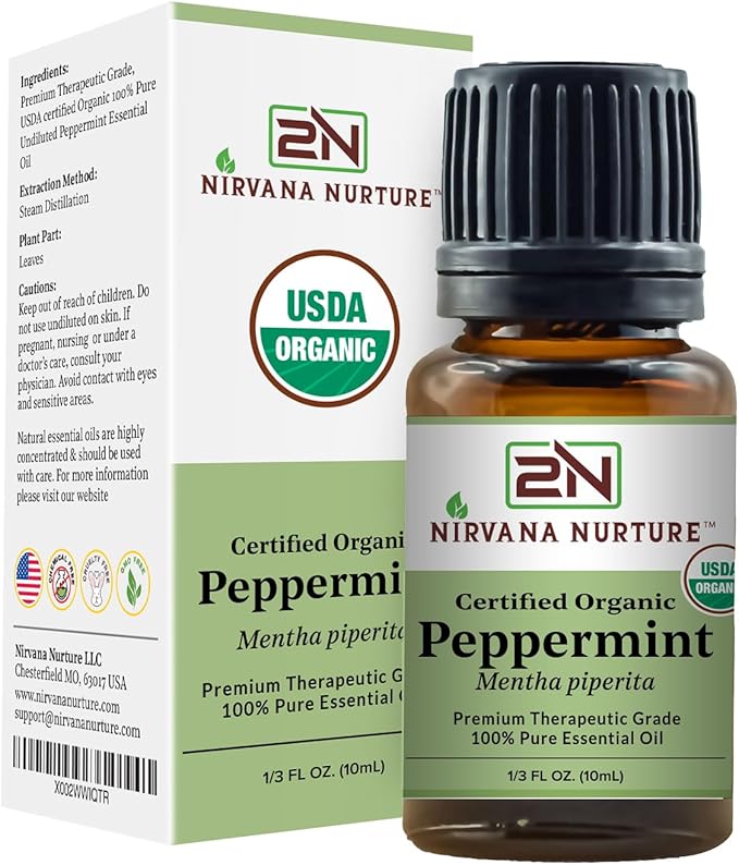 Peppermint Essential Oil USDA Certified Organic 100% Pure Premium Therapeutic Grade, Undiluted - Aromatherapy Diffuser for Calm and Relaxation, Skin Care, Hair Care