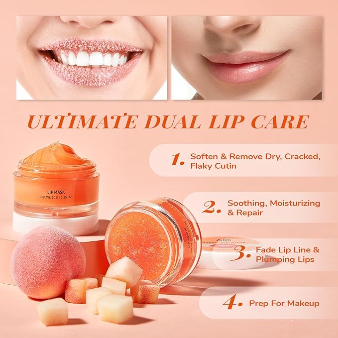 ANAI RUI Lip Balm Mask & Lip Scrub Set, Lip Care Kit, Overnight Lip Treatment with Lip Sleeping Mask & Sugar Lip Exfoliator Scrub, Lip Moisturizer for Dry, Chapped, Dark Lips, Reduce Fine Lines, Peach