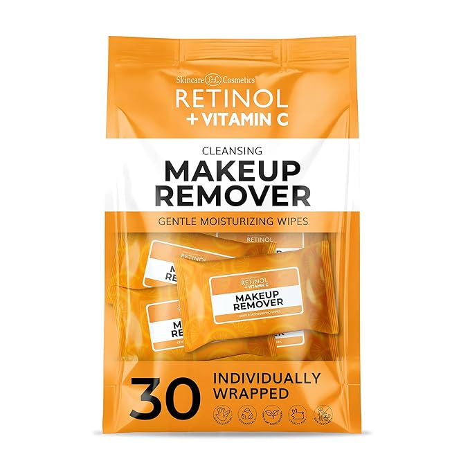 Retinol + Vitamin C Individually Wrapped Makeup Remover Wipes, travel essentials for Travel & On the Go, women facial cleansing towelettes, removes makeup mascara & sunscreen - 30 single face wipes