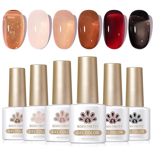 Born Pretty Jelly Gel Nail Polish Set Fall Winter Brown Blood Red Burgundy Black Gel Polish Sheer Milky Nude Transparent Halloween Gel Polish Set Nail Art Varnish Manicure Collection Gift 7ML 6PCS