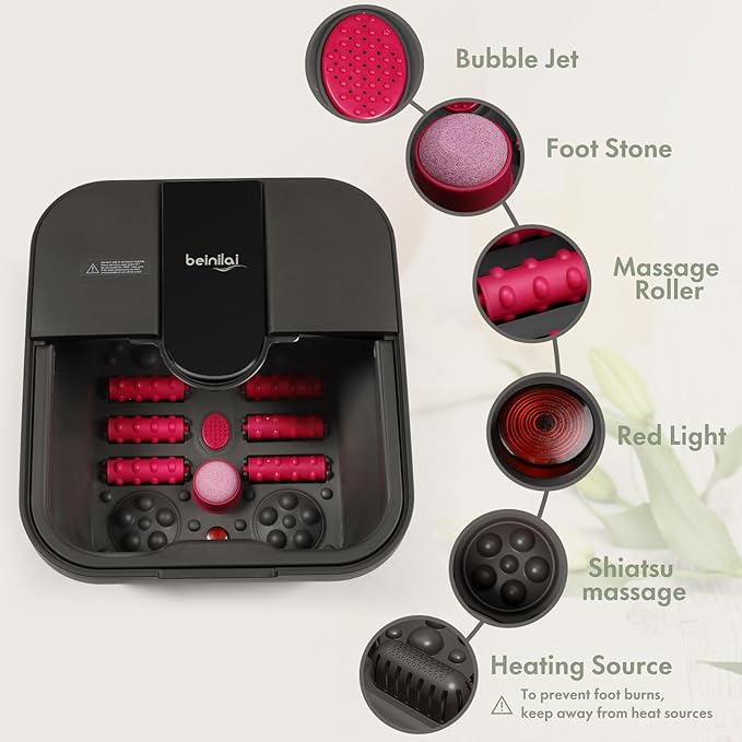 Beinilai Collapsible Foot Spa Bath with Heat,Bubble,Massage Rollers, Tea Tree Oil Foot Soak with Epsom Salt, Pedicure Foot File, Red Light,Removable Pumice Stone,Pedicure Foot Spa