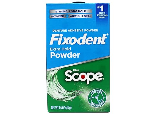 Fixodent Denture Adhesive Powder, Extra Strong, Plus Scope, Strong, Long Hold Powder, Airtight Seal, 1.6 OZ, Pack of 3