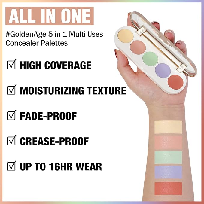 FOCALLURE #GoldenAge 5 in 1 Multi Uses Concealer Palette, 5 Colors Correcting Conceal Palette, Camouflage Contour Palettes for Dark Circles, Face Contouring Highlighter Pallet, CC02 COLOUR CORRECTING