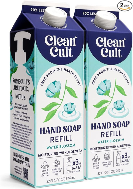 Cleancult Liquid Hand Soap Refill - Water Blossom - Moisturizes Dry & Sensitive Skin - Made with Aloe Vera & Essential Oils - Eco Friendly - Paper-Based Packaging - 32 oz/2 Pack
