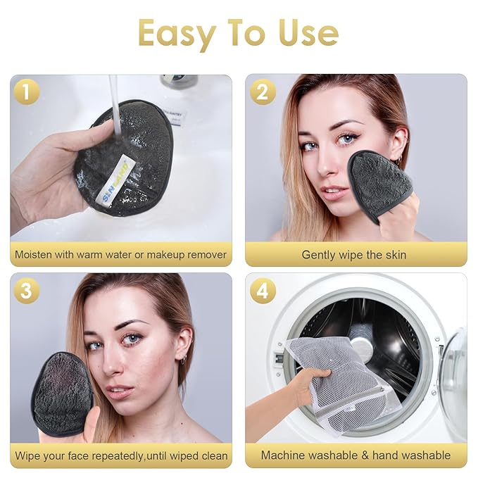 SINLAND Reusable Makeup Remover Pads For Face,Eye,Lips Microfiber Gentle Facial Cleansing Cloths for All Skin Types Friendly for Makeup Remover With Laundry Bag 5.1inchx3.93inch Grey Pack of 12