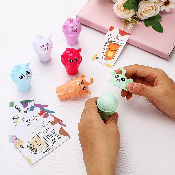 24 Sets Milk Tea Shaped Cute Lip Balm Fruit Flavored Lip Balm with Milk Tea Theme Gift Cards Milk Tea Boba Lover Birthday Baby Shower Party Inspirational Gifts Favors for Girls Kids Women