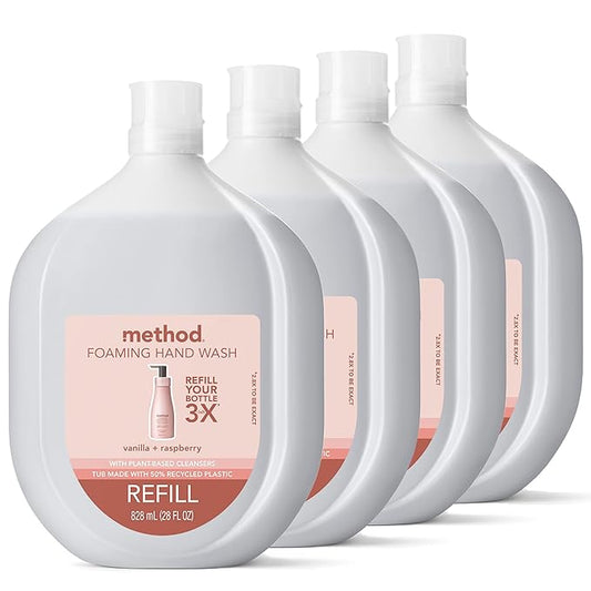 Method Premium Foaming Hand Wash Refill, Vanilla + Raspberry, Recyclable Bottles, Biodegradable Formula, 28 fl oz (Pack of 4) (Packaging May Vary)