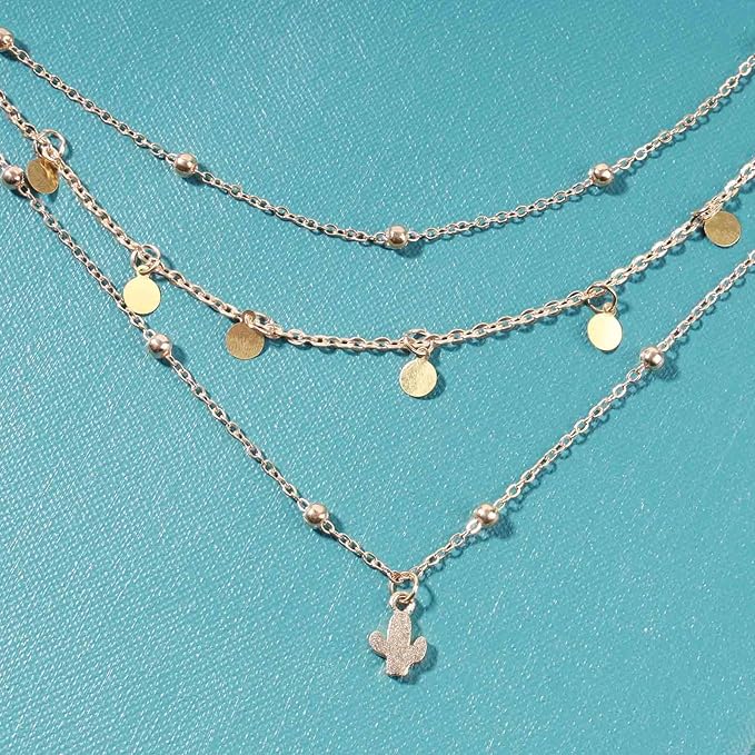 Boho Layered Disc Coin Necklace Choker Gold Cactus Pendant Necklace Stacking Satellite Chain Necklace Vintage Multilayer Necklace Chain Jewelry for Women and Girls Gifts
