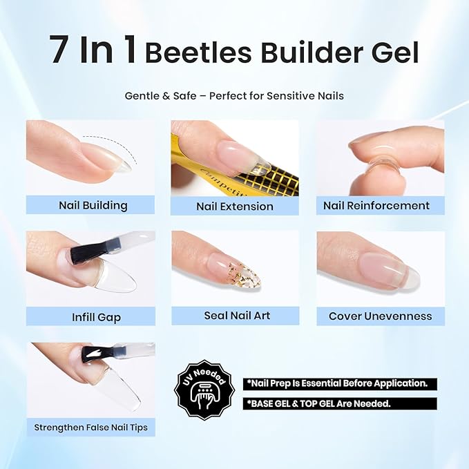 Beetles Builder Gel 2Pcs Clear 7 in 1 15ml Builder Gel Set for Nail Extension Building Nail Apex Strengthen Thin Nails DIY Salon at Home Nail Art Design for Women