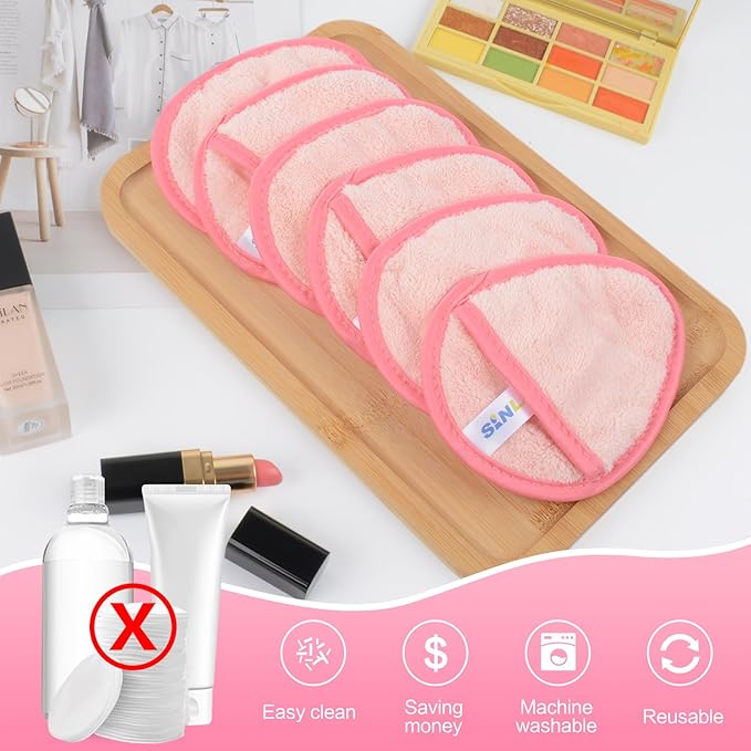SINLAND Reusable Makeup Remover Pads For Face,Eye,Lips Microfiber Gentle Facial Cleansing Cloths for All Skin Types Friendly for Makeup Remover With Laundry Bag 5.1inchx3.93inch Pink Pack of 6