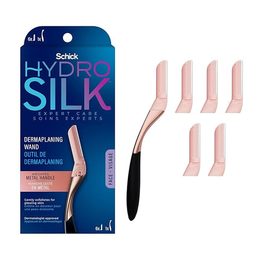 Schick Hydro Silk Dermaplaning Wand, Dermaplaning Tool for Face | Dermaplane Razor for Women Face, Eyebrow Razor, Peach Fuzz Remover, Includes 1 Weighted Metal Handle with 6 Refill Blades