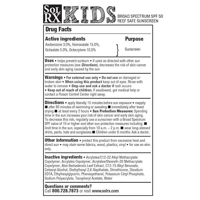SolRX KID's SPORT Sunscreen SPF 50+ Oxybenzone Free Sunscreen, Reef Safe Sunscreen for Face and Body, Won't Run Into Eyes