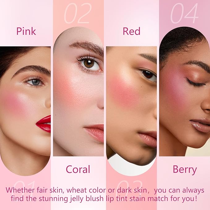 2Pcs Water Jelly Tint Blush,Jelly Blush Lip Cheek Pink+#03 Red