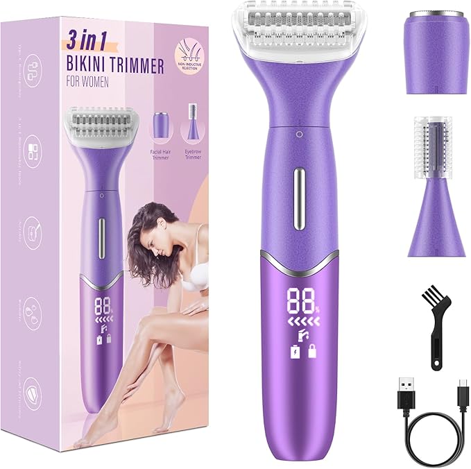 Bikini Trimmer for Women, 3 in 1 Painless Electric Razors for Women, Replaceable Lady Facial Razor & Eyebrow Trimmer, Rechargeable Women's Grooming Kit