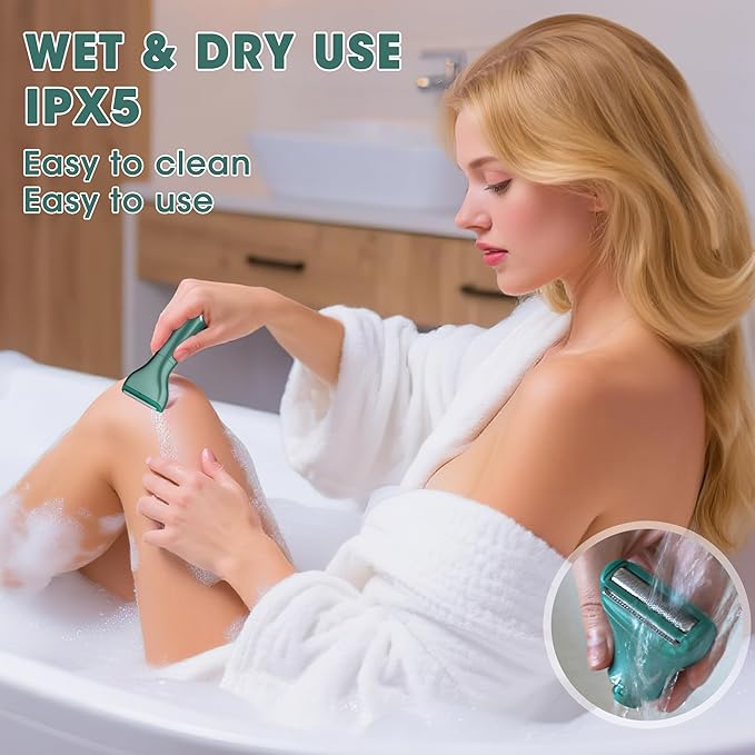 Karrte 6-in-1 Electric Razor for Women's Pubic Hair, Painless Body Shaver and Facial Epilator, Hair Removal for Face, Bikini Trimmer for Women's Private Area Green