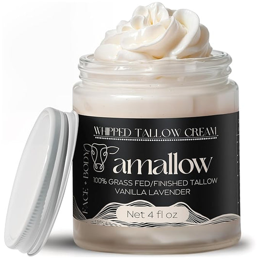 Amallow 100% Grass Fed Beef Tallow for Skin Care - Face + Body - Whipped Moisturizer - Natural Lotion, 4 FL. oz. (Vanilla Lavender)