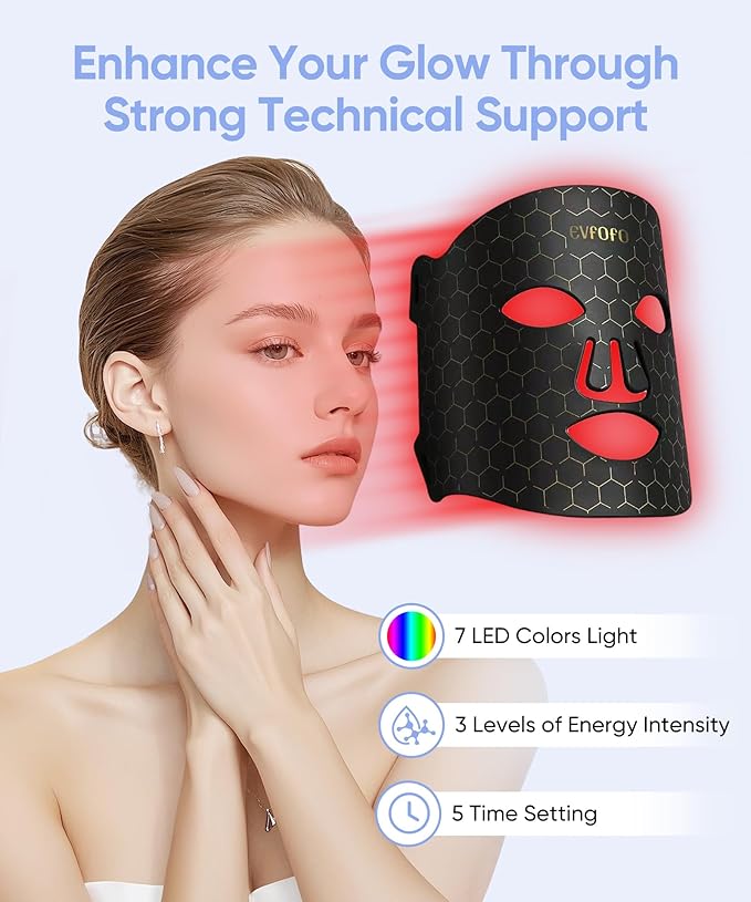 Led Face Mask Light Therapy, Red Light Therapy for Face, 7-1 Colors LED Facial Skin Care Mask, Black