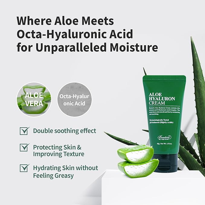 BENTON Aloe Hyaluron Cream 50g (1.76 oz.) - Aloe Leaf Water & Hyaluronic Acid Contained Soothing and Moisturizing Facial Cream, for Dryness and Itchy Senstivie Skin