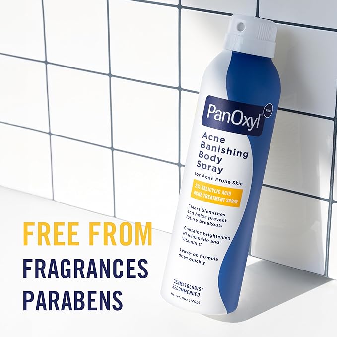 PanOxyl Acne Banishing Body Spray with 2% Salicylic Acid, Pimple Treatment to Clear Stubborn Breakouts, 360-Degree Spray Nozzle, Skin-Brightening Niacinamide, Vitamin C, Witch Hazel, Aloe, 6 Oz