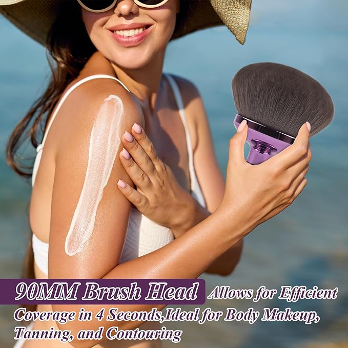 90MM Extra Large Self Tanner Kabuki Makeup Brush – Ultra Soft Dense Vegan Bristles for Body Makeup, Bronzer & Foundation–Applies Tanning Mousse, Lotion & Self Tanner，Wet & Dry (Purple)