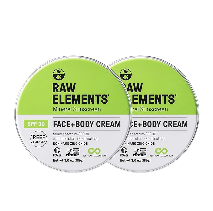 Raw Elements Face and Body Mineral Sunscreen SPF 30 Tin, Organic Sunblock Daily Protection, Non Toxic Reef Safe, Water Resistant, Cruelty Free, Plastic Free, 3 oz (Pack of 2)