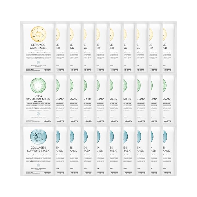 Hydrating Soothing Sheet Masks Gift Set for Skincare, Korean Vegan Sheet Mask for Dry, Sensitive Skin, Calming, Smoothing, Brightening, Collagen, Ceramide, Cica, Hyaluronic Acid 30EA