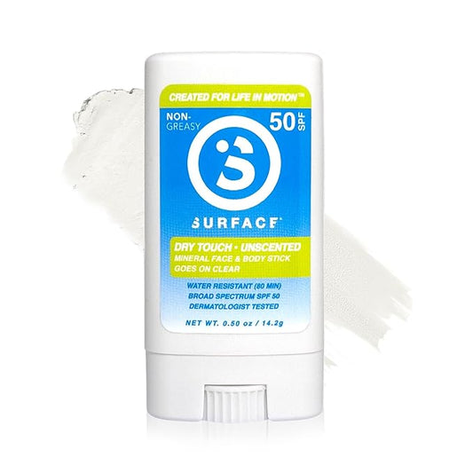 Surface Mineral Face Sunscreen Stick, Dry Touch SPF 50, Broad Spectrum UVA UVB Sun Protection for Kids and Adults, Travel Friendly, Water Resistant for 80 Minutes, Fragrance Free, 0.5oz