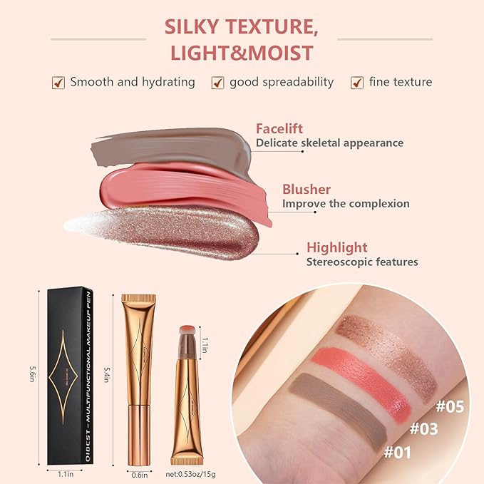 Liquid Contour Beauty Wand Set,Blush Liquid Contour Stick Highlighter Makeup With Cushion Applicator,Long Lasting Smooth Natural Matte Finish,Lightweight Blendable Super Silky Cream Sticks (01#03#05)