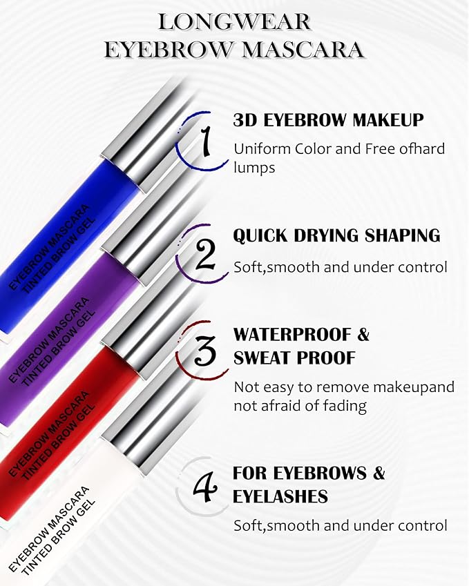 Tinted Eyebrow Mascara Gel-1Pcs Long-lasting Waterproof Smudge-proof Purple Brow Glue Colored Liquid Mascara,Tinted Brow Filler Curling Mascara,Women‘s Day Eye Makeup Gift for Women Girl-08