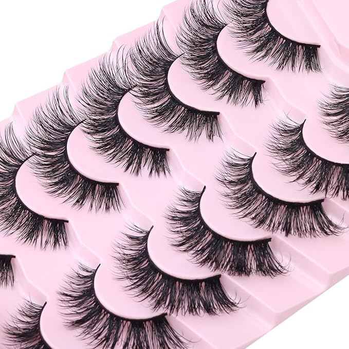 Mink Lashes False Eyelashes Natural Look Wispy Cat Eye Flat Lashes 3D Mink Lashes Natural Fake Lashes 18mm Strip Lashes Pack 7 Pairs