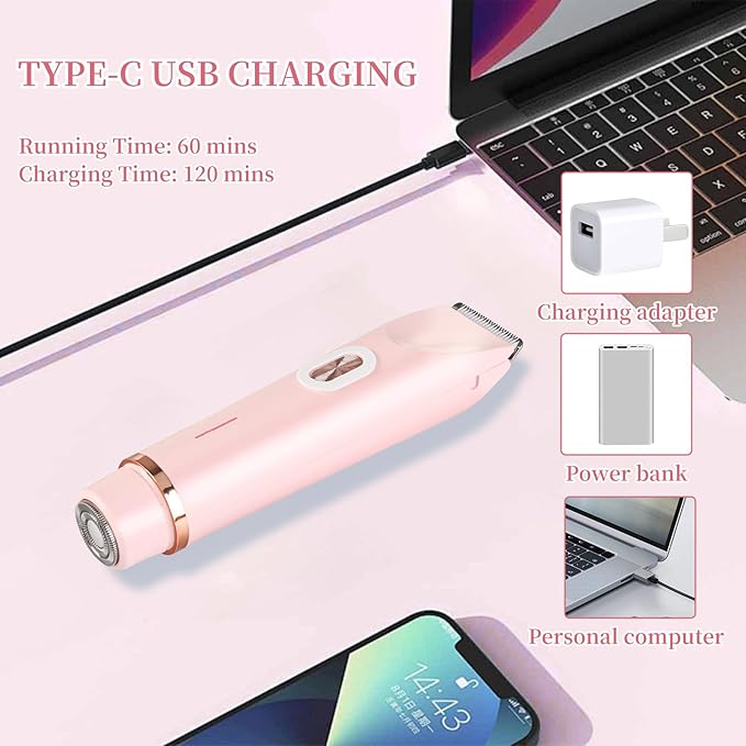 QNHMPW Bikini Trimmer for Women,Electric Razors for Women,2-in-1 Dual Head Shaver- Wet/Dry Shaver Groomer, Waterproof Hygiene Razor Used for Face, Underarm, Leg, Bikini Area(Pink)