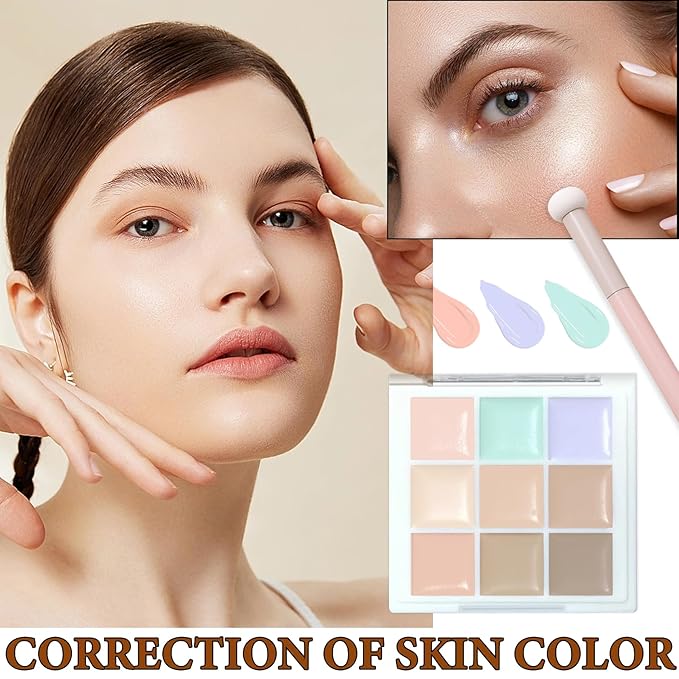 9 Colors Correcting Concealer Contour Palette,Concealer Cream Contour Makeup Palette,Contouring Foundation Highlighting Makeup Kit with Brush