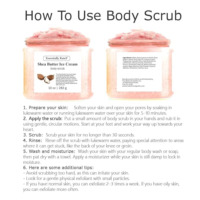 Shea Butter Ice Cream Body & Foot Scrubs 10 Oz - a Soft Serve Texture with a Nice soothing and Moisturizing Effect. Scent is Beautiful - The best stocking stuffer.