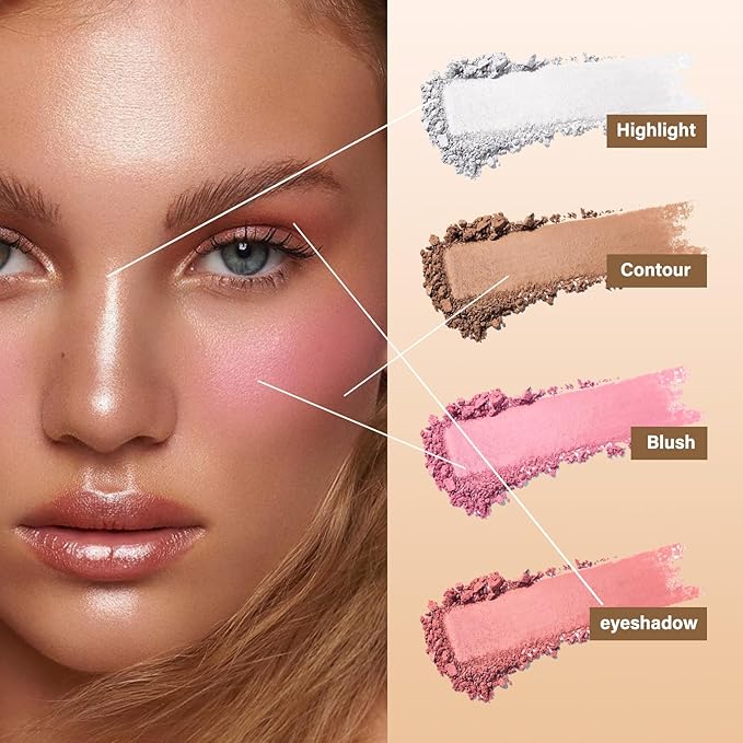 Contour Highlighter Blush Powder Makeup Palette, 4 Colors Matte Face Contour Shading with Professional Makeup Brush