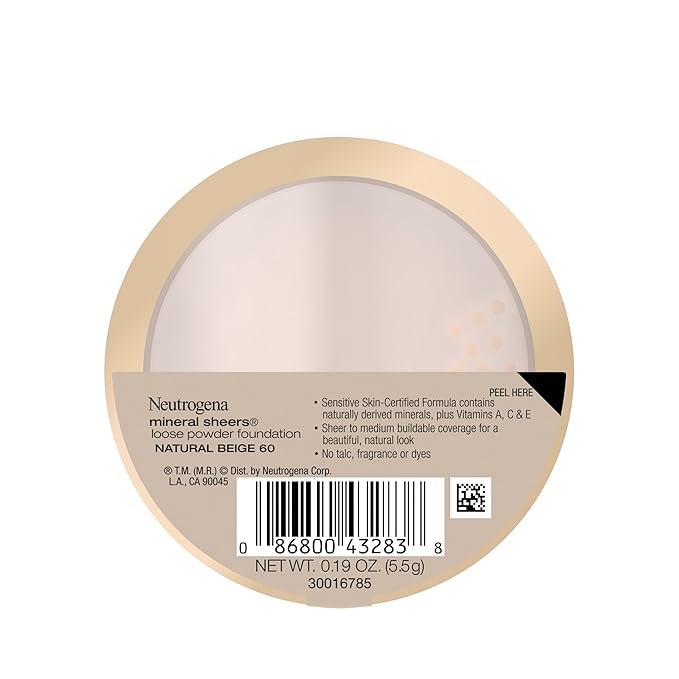 Neutrogena Mineral Sheers Lightweight Loose Powder Makeup Foundation with Vitamins A, C, & E, Sheer to Medium Buildable Coverage, Skin Tone Enhancer, Face Redness Reducer, Natural Beige 60,.19 oz