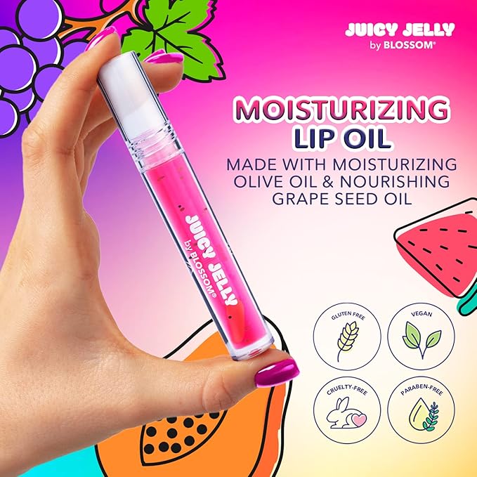 Blossom Scented Roll on Lip Gloss and Juicy Jelly Moisturizing Lip Care Nourishing Lip Oil, 2 Pack, Strawberry